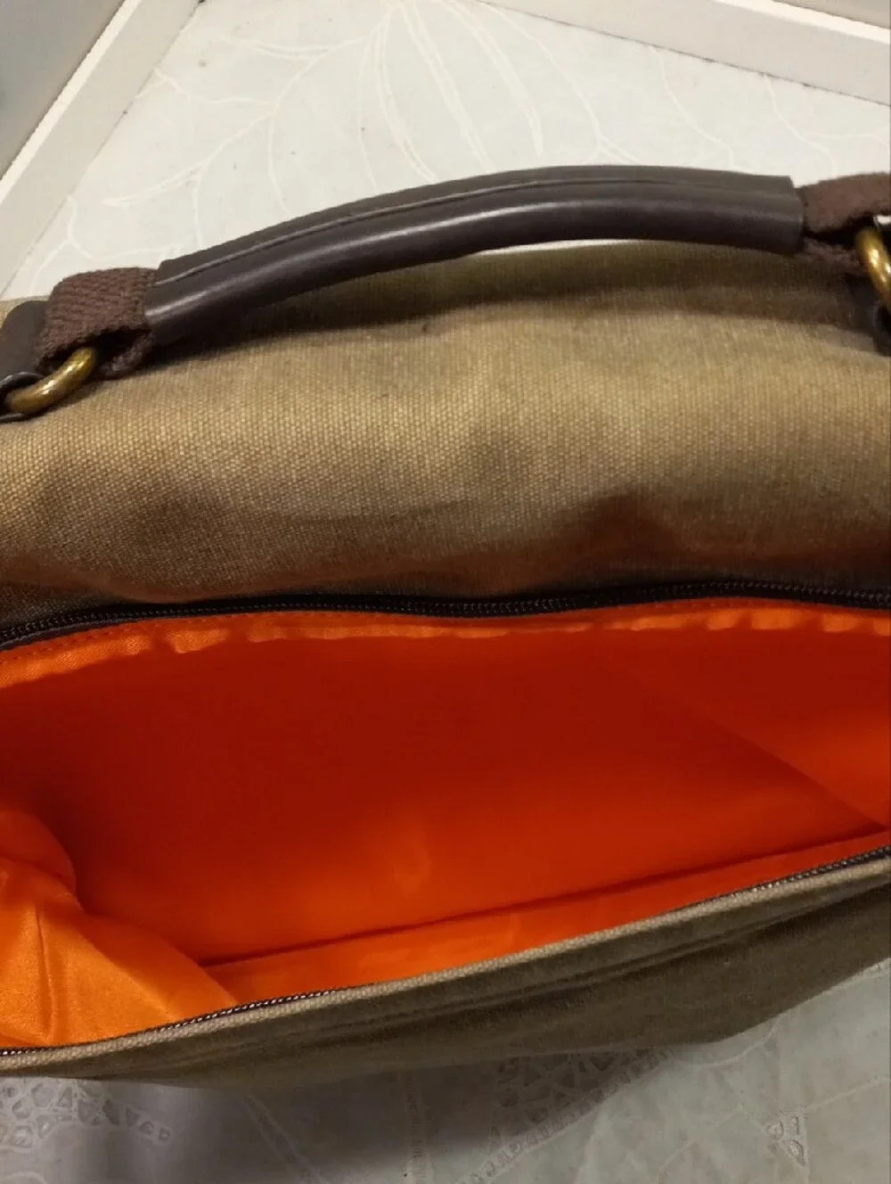 Tommy Bahama Olive Green Canvas Messenger Bag with Dark Brown Leather Trim